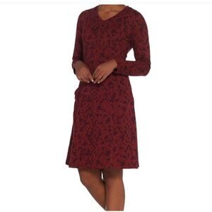 Denim & Co Printed Fit and Flare Dress Long Sleeve Wine Sz XLP EUC